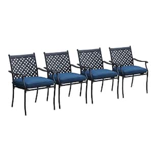 Metal Outdoor Dining Chair with Blue Cushion (4-Pack)