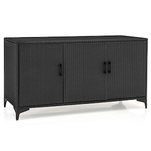 84 Gal. 3-Door Patio Wicker Storage Cabinet Deck Box with Removable Shelves Black