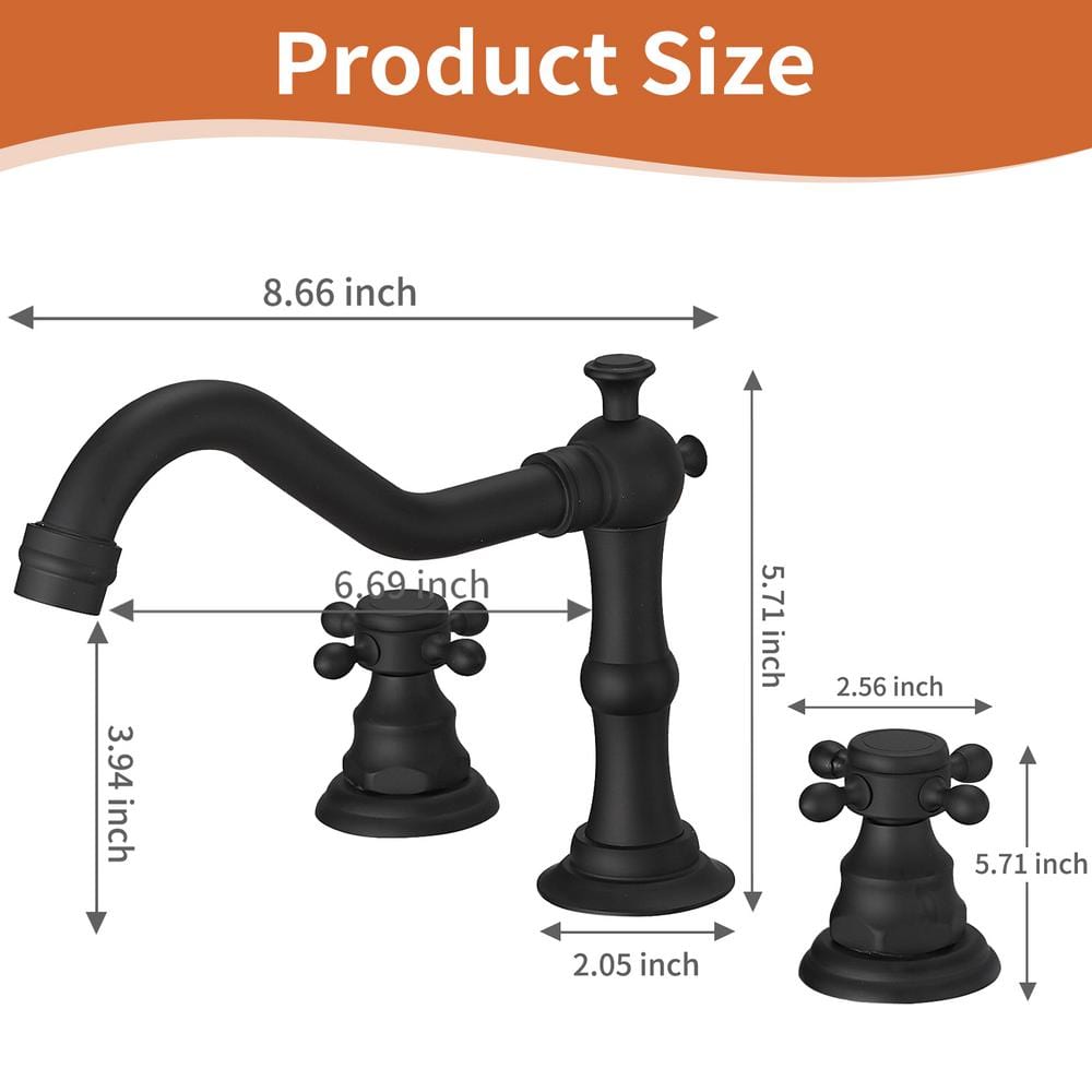 Matte Black 8-Inch Widespread 2-Handle Bathroom Faucet with Drain Kit