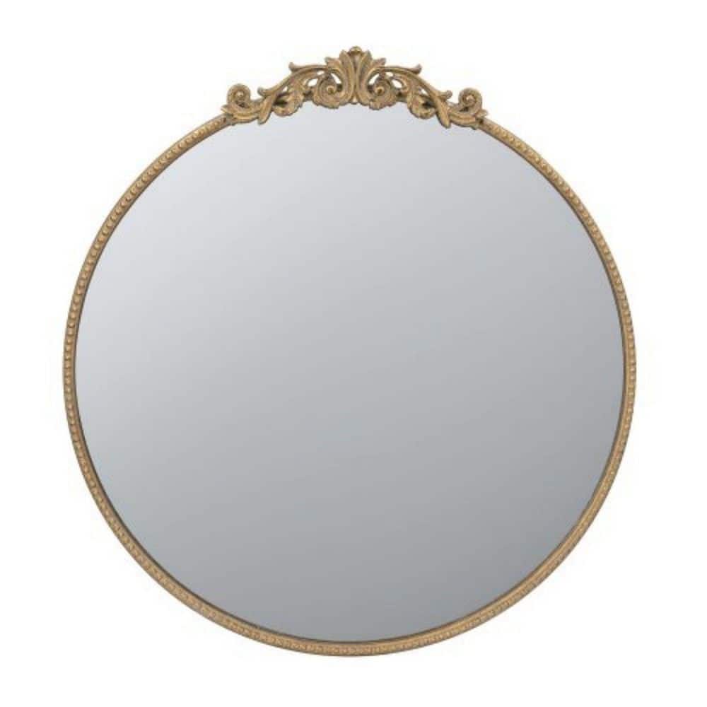 30 in. W x 32 in. H Round Gold Arch Mirror and Baroque Inspired Frame Modern Wall Mount Mirror Wall Decor Mirror