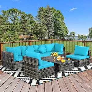 7-Pieces PE Rattan Patio Sectional Sofa Conversation Set with Turquoise Cushions