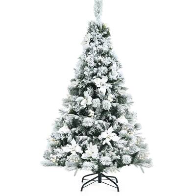 5 ft. Snow Flocked Hinged Artificial Christmas Tree with Berries and Poinsettia Flowers