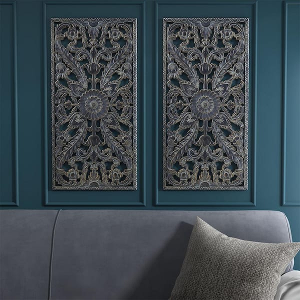 Unbranded Antique Blue Distressed Carved Lotus Flower Pattern Dimensional Wood Wall Art Decor for Living Room (Set of 2)