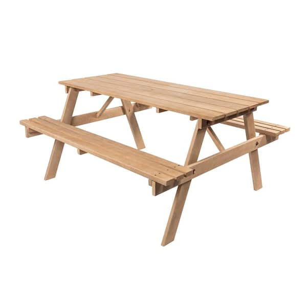 Shoreham 55 in. Modern Classic Rectangle Outdoor Eucalyptus Wood Picnic Table Benches with Umbrella Hole, Light Teak