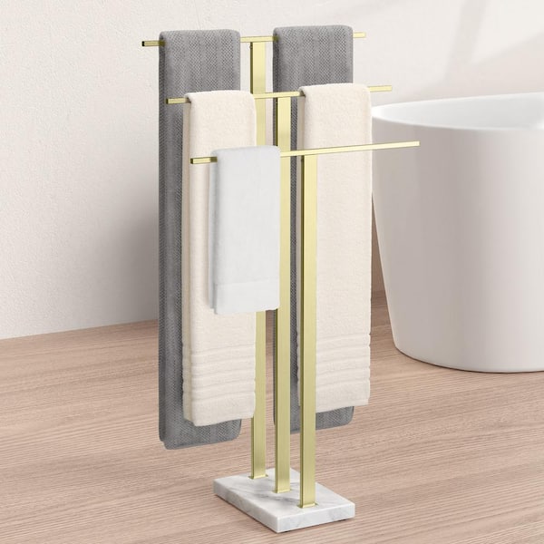 Bathroom Freestanding Towel Rack 3-Tier with Heavy Marble Base in Brushed Gold