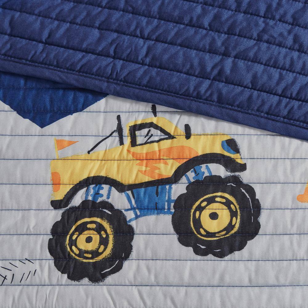 Blue Monster Truck Microfiber Reversible Twin Quilt Set