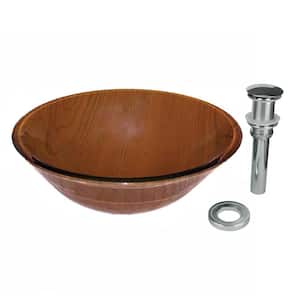 Small Countertop Round Tempered Glass Vessel Sink 16.5 in. Wood Grain Design with Drain