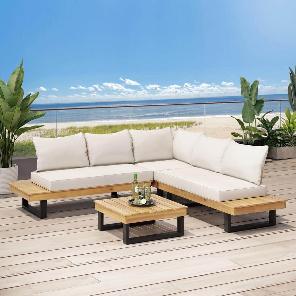 Teak Brown Four-Seater Sectional with Beige Cushions and Coffee Table