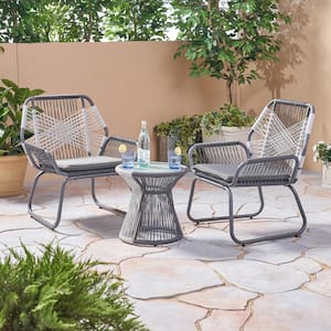 3-Piece Gray and White Steel Metal Woven Rope Outdoor Bistro Set with Gray Cushions and Tempered Glass Table Top