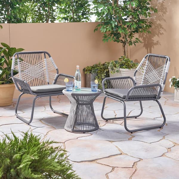 Zeus & Ruta 3-Piece Gray and White Steel Metal Woven Rope Outdoor Bistro Set with Gray Cushions and Tempered Glass Table Top