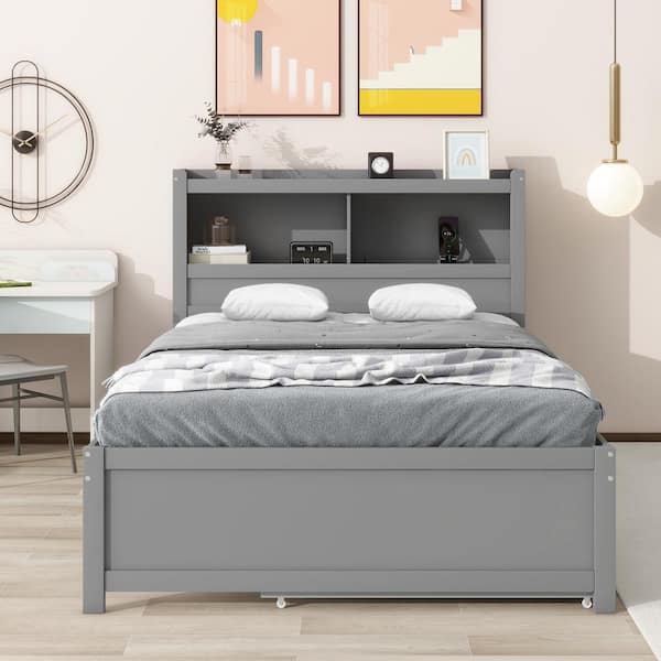 Gray Wood Frame Full Size Platform Bed with trundle, drawers and USB plugs
