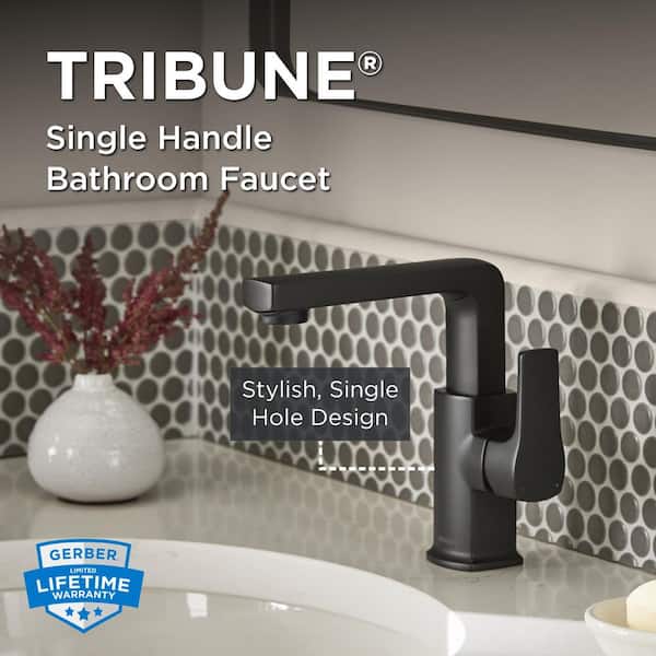 Tribune Single Handle Single Hole Bathroom Faucet with Deckplate and Metal Touch Down Drain Included in Satin Black