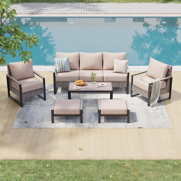 Sonkuki 6 Pieces Patio Conversation Set Sofa Set with Coffee Table Gray PE Wicker with Sand Cushion