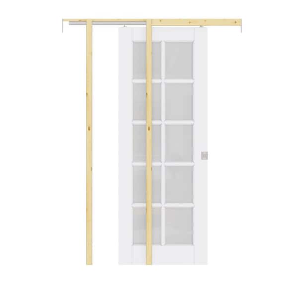 32 in. x 80 in., 10-Lite Frosted Glass White Primed Wood Pocket Door with Hardware Kit (Soft Close and Silver Lock Incl)