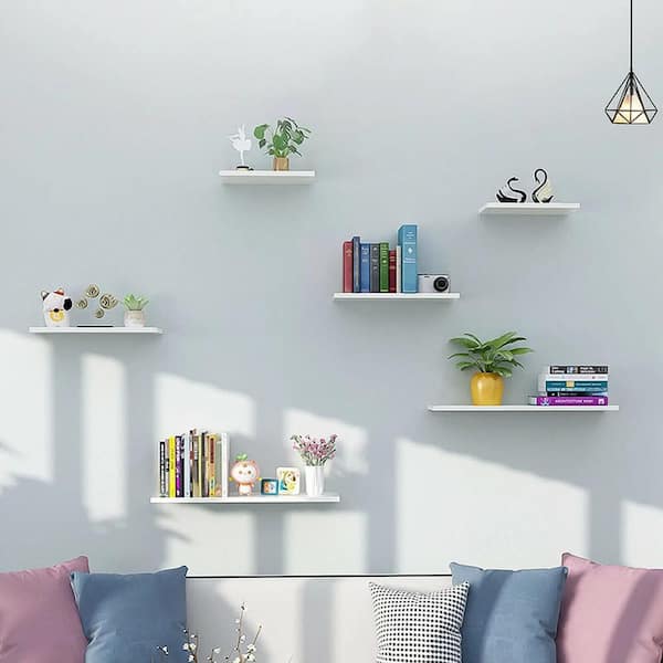 4-Pieces White 5.9 in. W x 19.6 in. D Floating Wood Decorative Wall Shelves Storage Rack Bookcase for Kitchen Bathroom