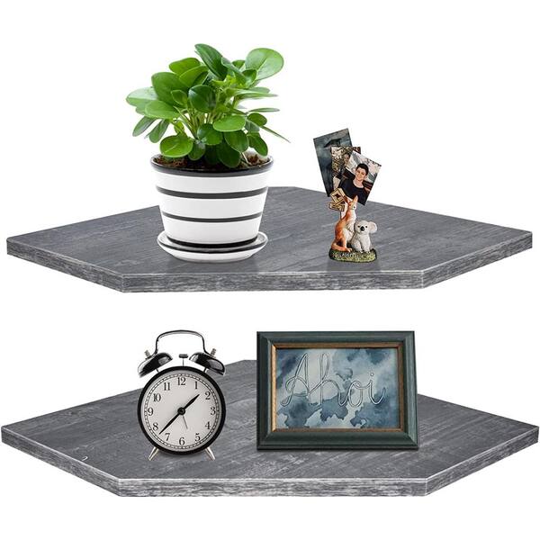 Cubilan 16.5 in. W x 10.4 in. D Grey Wood Decorative Wall Shelf Corner Shelf Wall Mount, Set of 2