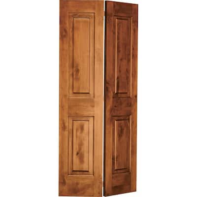 24 in. x 80 in. Rustic Knotty Alder 2-Panel Square Top Solid Core Unfinished Wood Interior Bi-Fold Door