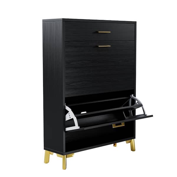 32 in.D x 10 in.W x 43 in. H 8-Pair 3-Tier Black MDF Shoe Rack with 2 Flip Drawers