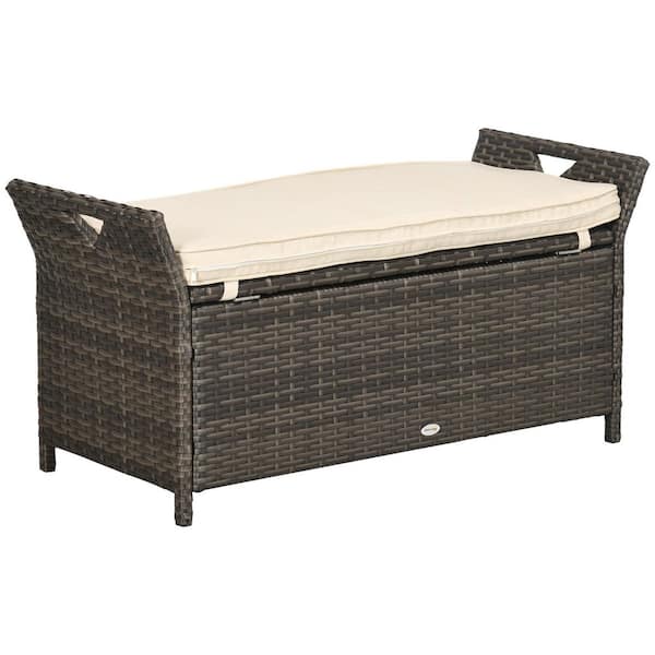 27 Gal. Brown Wicker Outdoor Storage Bench Patio Deck Box with Beige Seat Cushion and Handles