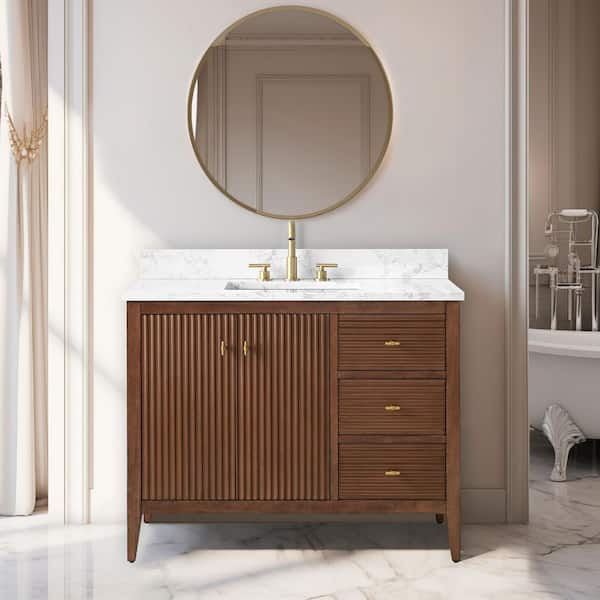 Vanity Art 42 in. W x 22 in D x 38 in. H Single Sink Bathroom Vanity Cabinet in Linear Walnut with White Engineered Marble Top