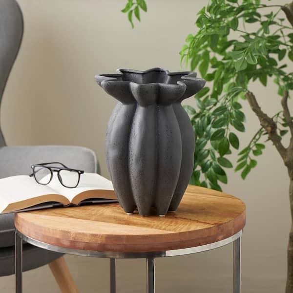 Litton Lane 12 in. Black Speckle Textured Ceramic Decorative Vase with Tulip Style Opening