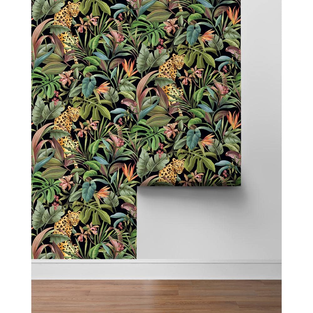 Gloss Black Tropical Leopard Peel and Stick Wallpaper Roll