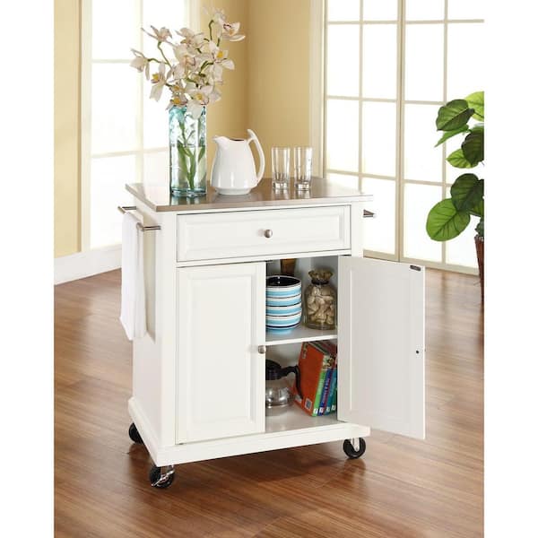 Crosley Furniture Rolling White Kitchen, White Kitchen Island Cart With Stainless Steel Top