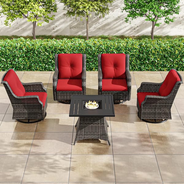 5-Piece Qutdoor Wicker Patio Fire Pit Swivel Rocking Chair Set with Square Fire Pit Table and Red Cushions