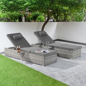 2-Piece Patio Outdoor Chaise Lounge Chairs, Gray Rattan Reclining Chair Pool Recliners with Light Gray Cushion