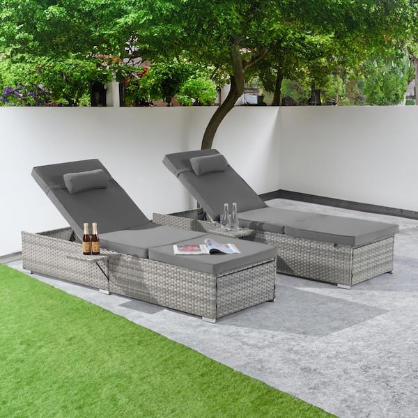 SANSTAR 2-Piece Patio Outdoor Chaise Lounge Chairs, Gray Rattan Reclining Chair Pool Recliners with Light Gray Cushion