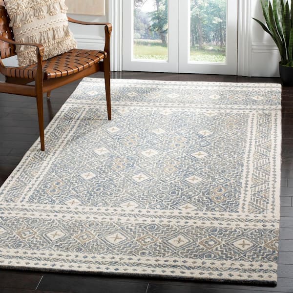 Micro-Loop Blue/Ivory 5 ft. x 5 ft. Multi-Diamond Border Square Area Rug