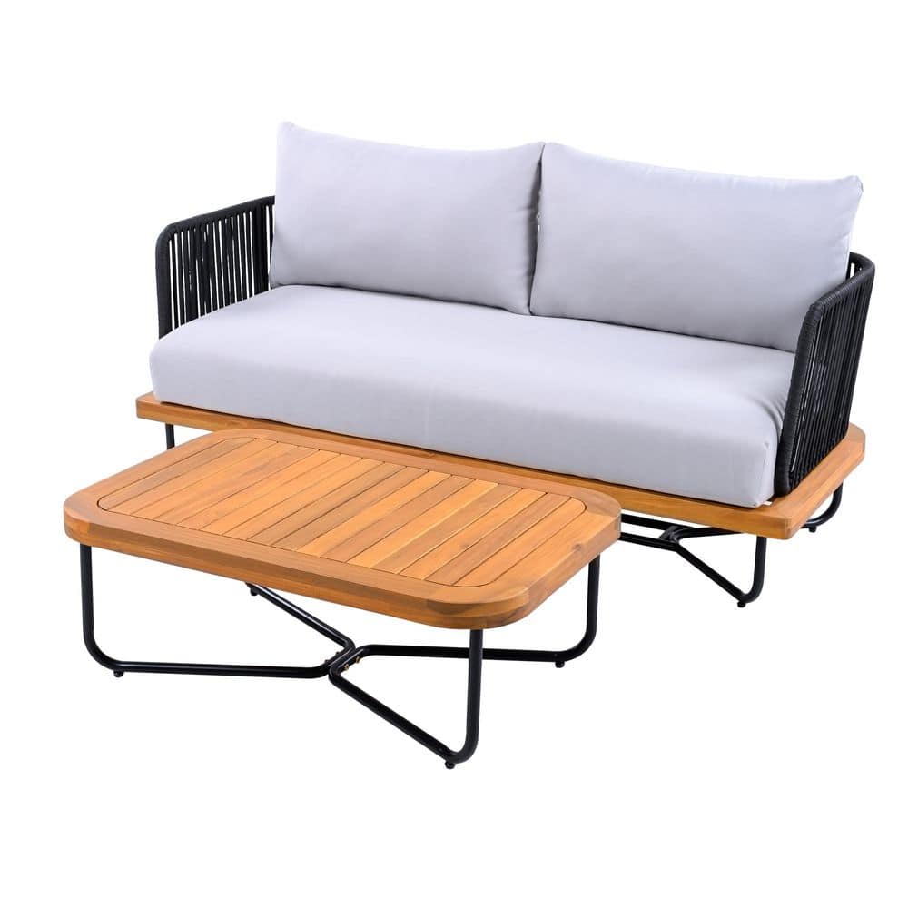 Eudoxie 2-Piece Solid Wood Patio Conversation Set with Green Rope and Beige Cushions