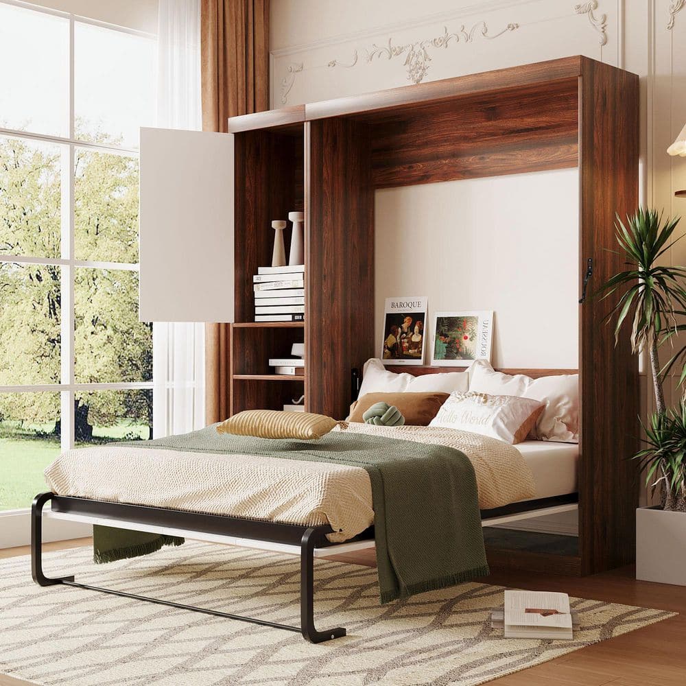 White and Brown Wood Frame Full Size Murphy Bed, Wall Bed with Cabinet