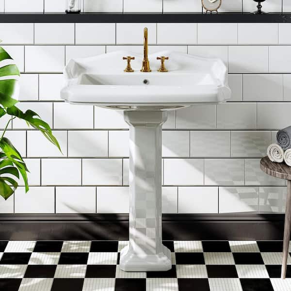 23 in. White Vitreous China Rectangular Pedestal Bathroom Sink With Overflow