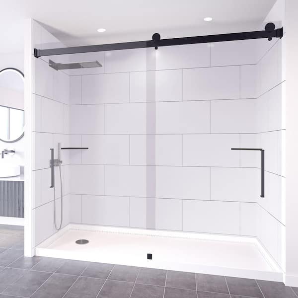 NuVo Winter White-Tetherow 60 in.L x 32 in.W x 99 in. H Floor/Ceiling Base/Wall/Door Alcove Shower Stall/Kit Matte Black Left
