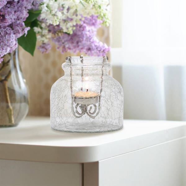 Stonebriar Collection 4 in. Clear Crackle Glass Jar with Removable Antique Copper Metal Tealight Candle Holder