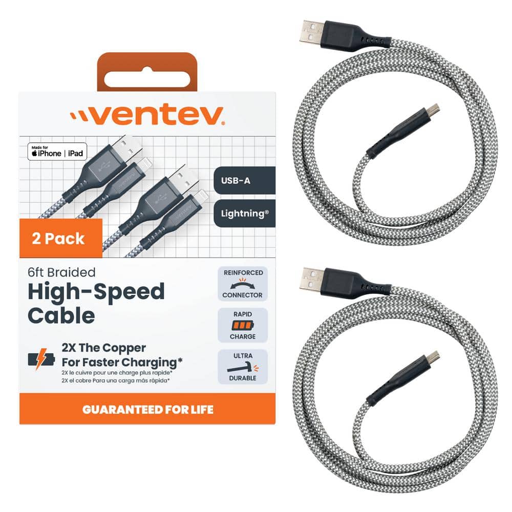 Ventev Braided Cables USB A to Lightning (2-Pack) BC6-2PACK-AL266253  The Home Depot