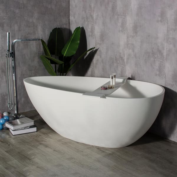 Unbranded 59 in. x 29.5 in. Solid Surface Flatbottom Freestanding Bathtub Contemporary Oval Soaking Bathtub in Matte White