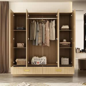 Brown Wood 63 in. W 4-Door Big Wardrobe Armoires with Hanging Rod, 2-Drawers, Storage Shelves 66.9 in. H x 18 in. D