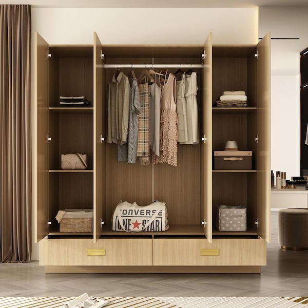 Light Natural Wood 63 in. W 4-Door Big Wardrobe Armoires with Hanging Rod, 2-Drawers, Storage Shelves 66.9 in. H