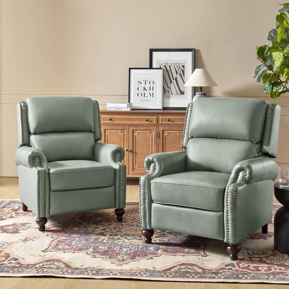 Elisabete Modern Retro Sage Nail Head Trim Genuine Leather Cigar Recliner with Tapered Birch Wood Legs (Set of 2) price history on PriceWatchPro