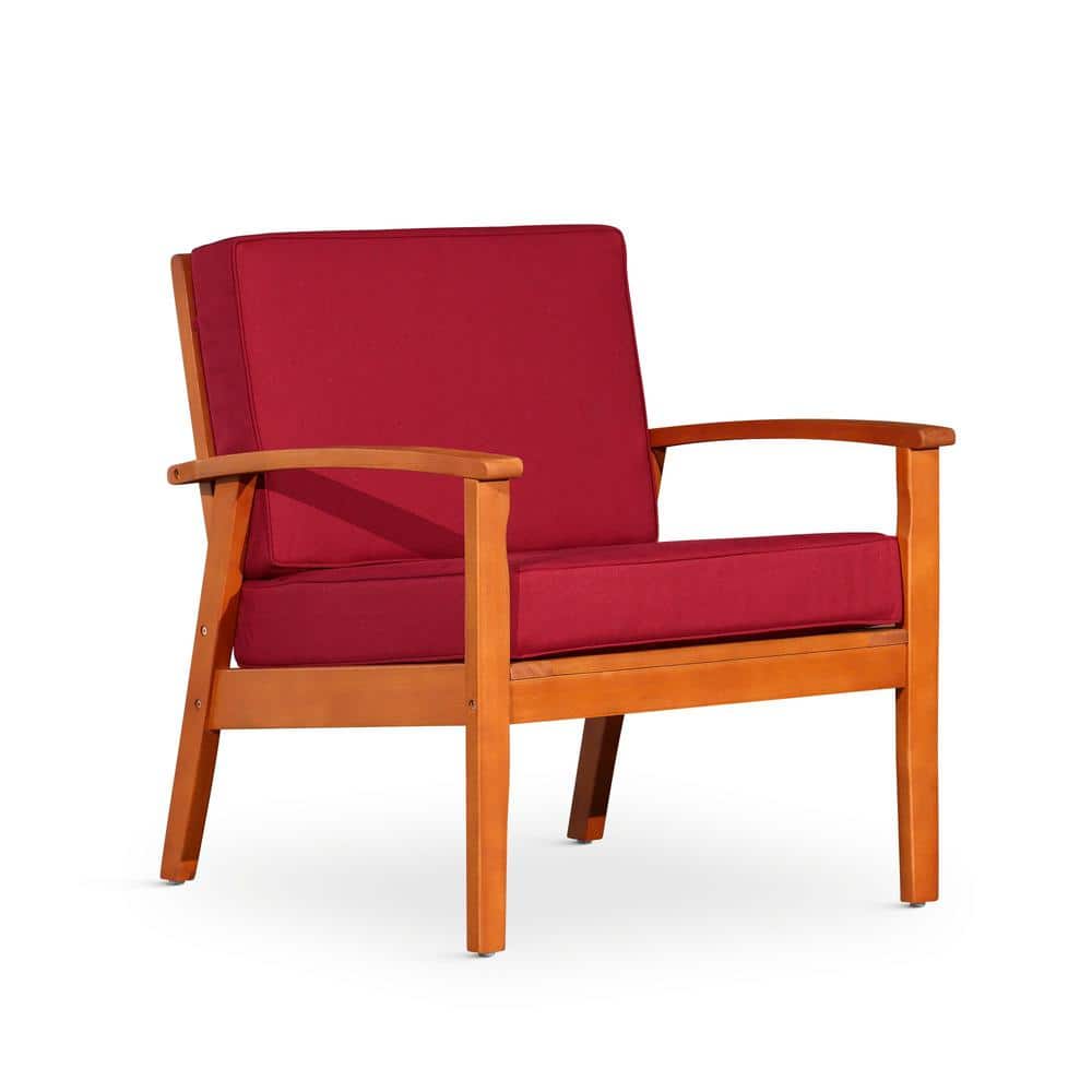 Natural Oil Deep Seat Eucalyptus Wood Outdoor Lounge Chair with Burgundy Cu