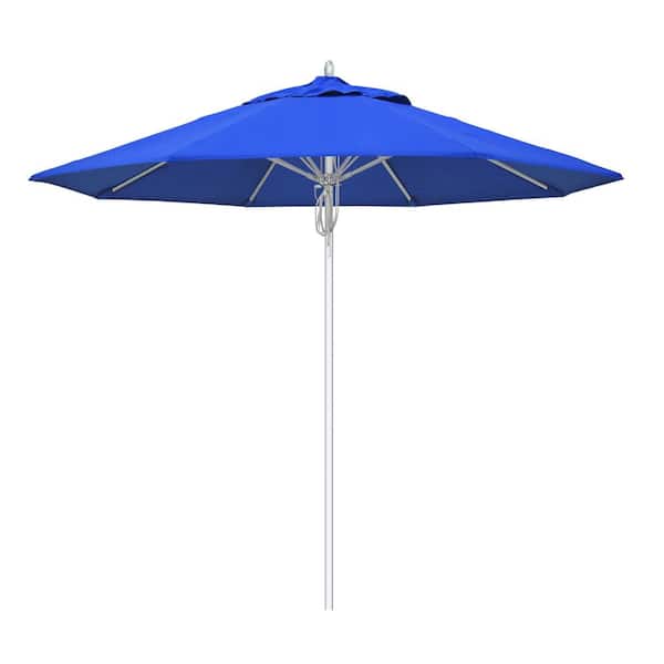 9 ft. Silver Aluminum Commercial Fiberglass Ribs Market Patio Umbrella and Pulley Lift in Pacific Blue Sunbrella