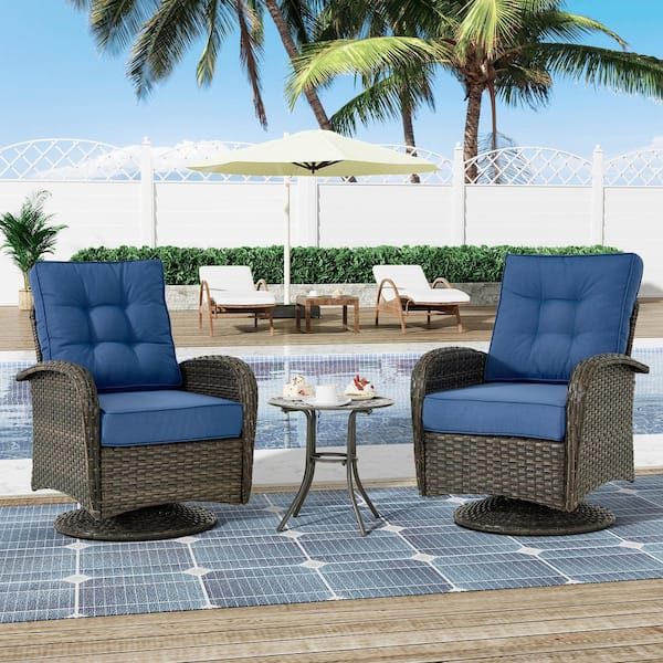 Unbranded 3-Piece Wicker Outdoor Rocking Chair Swivel Chair Patio Conversation Set with Blue Cushions and Table