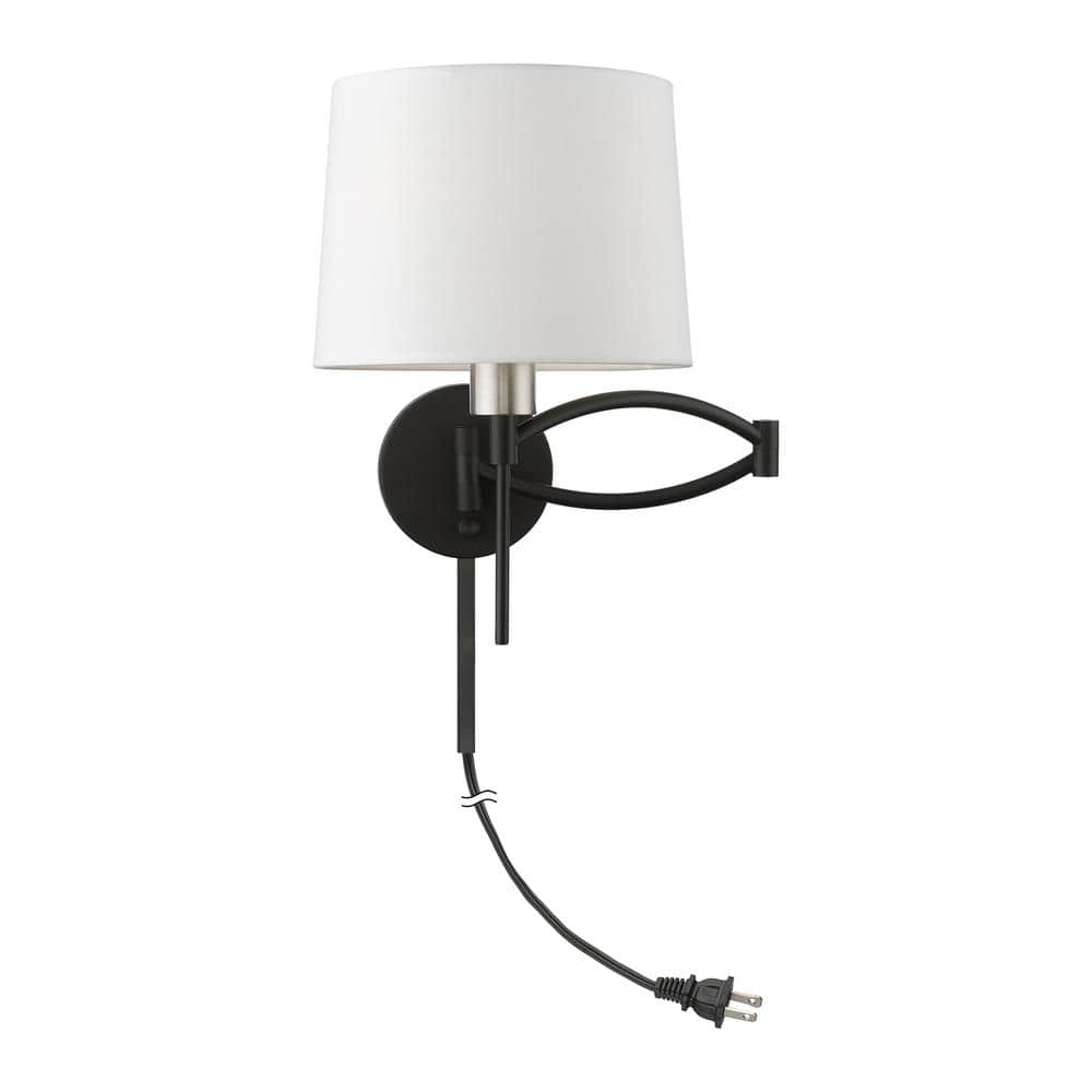 Black and Brushed Nickel Swing Arm Wall Lamp with Off-White Shade