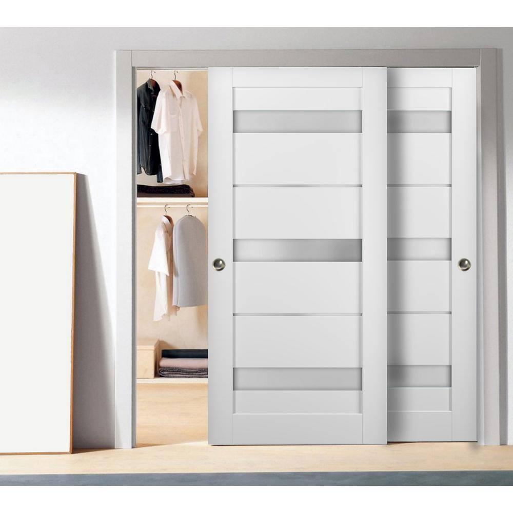 Quadro 48" x 80" White MDF Bypass Closet Doors with Frosted Glass