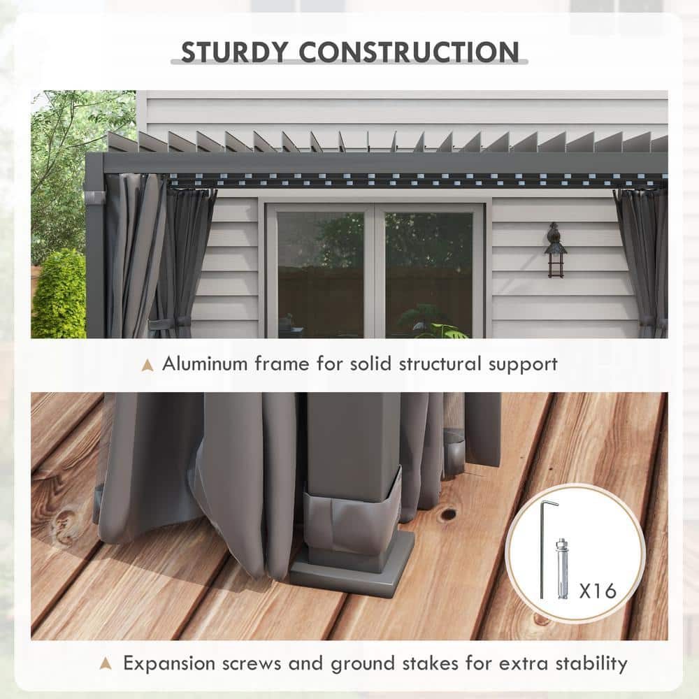 Dark Gray Aluminum Pergola with Adjustable Louvered Roof and Curtains