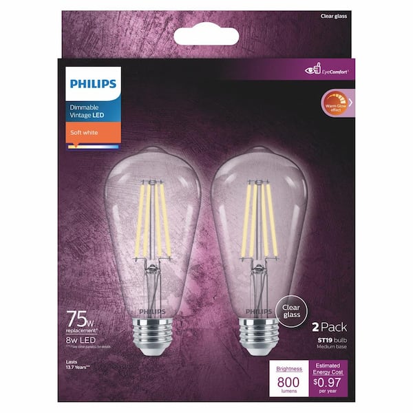 Philips 75-Watt Equivalent ST19 Clear Dimmable E26 Vintage Edison LED Light Bulb White with Warm Glow 2700K (2-Pack) - The Home Depot