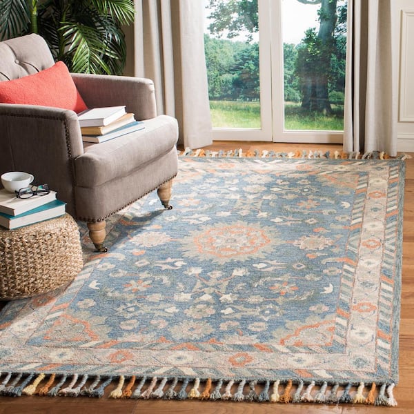 Aspen Blue/Rust Doormat 3 ft. x 5 ft. Border Floral Striped Area Rug