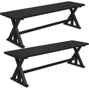 2-Piece 61.2 in. Black Outdoor Patio Metal Slatted X-Leg Dining Benches